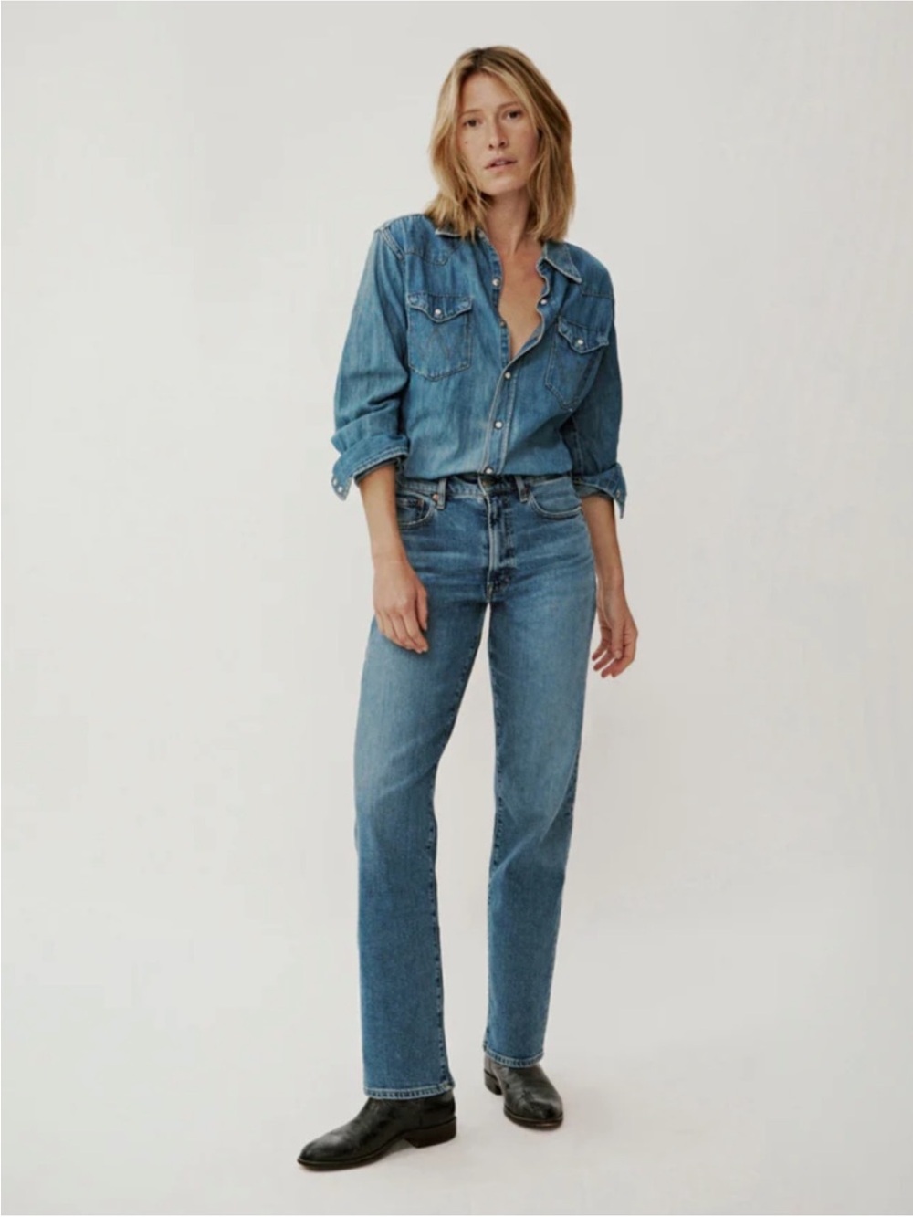 Buck Mason Women's Straight Leg Jeans in Medium Blue Denim